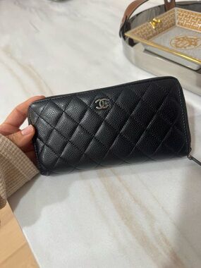 CHANEL Black Quilted Caviar Zip Around Wallet with Silver CC